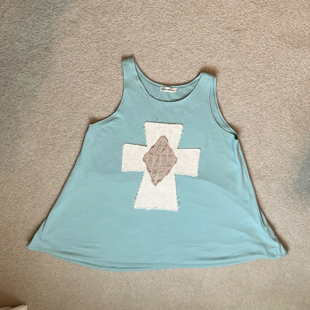 Cross shirt, sleeveless, green/blue.  Can fit small, medium